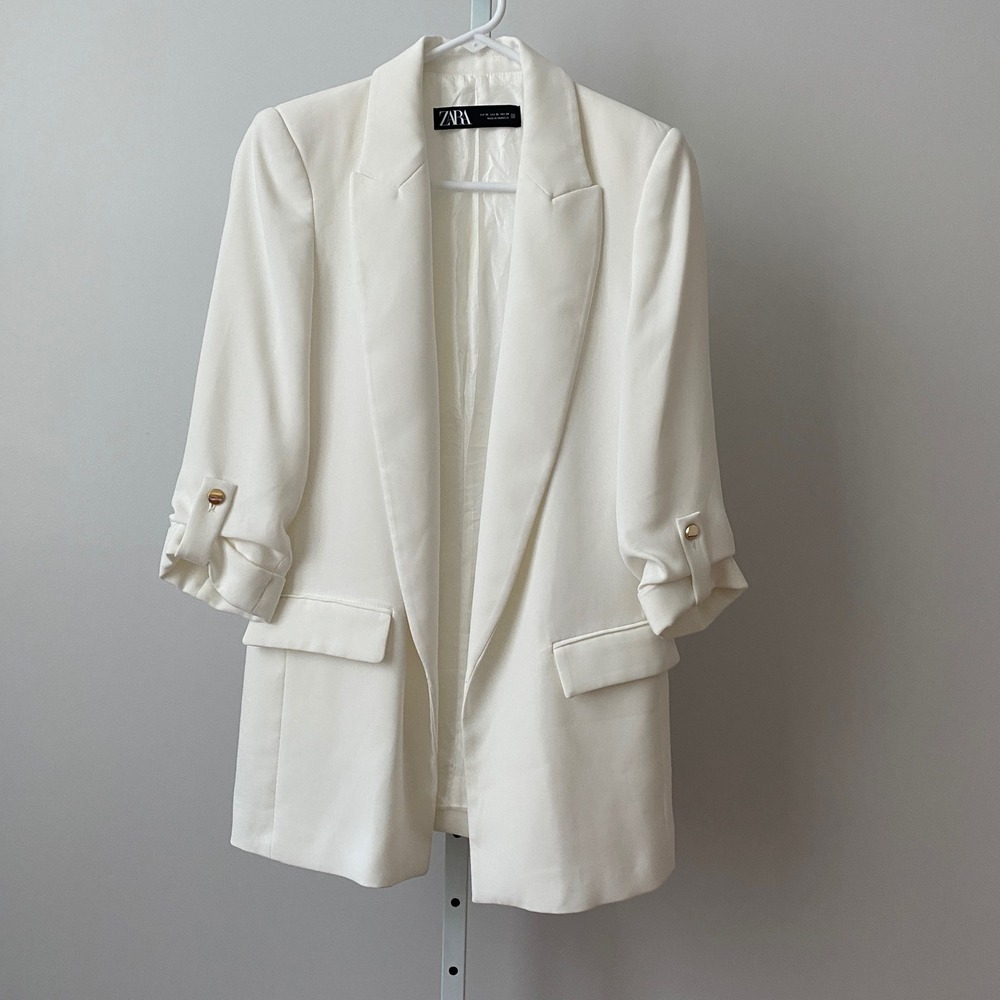 ZARA Office Siren Academia Clean Ruched Sleeve Shawl Lapel Blazer XS White